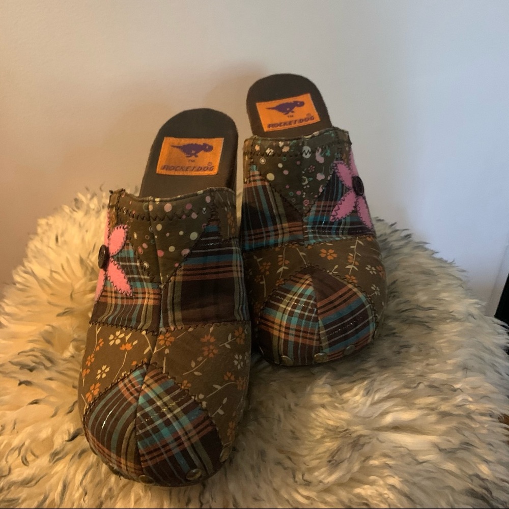 Patchwork rocket dog wedge Clogs